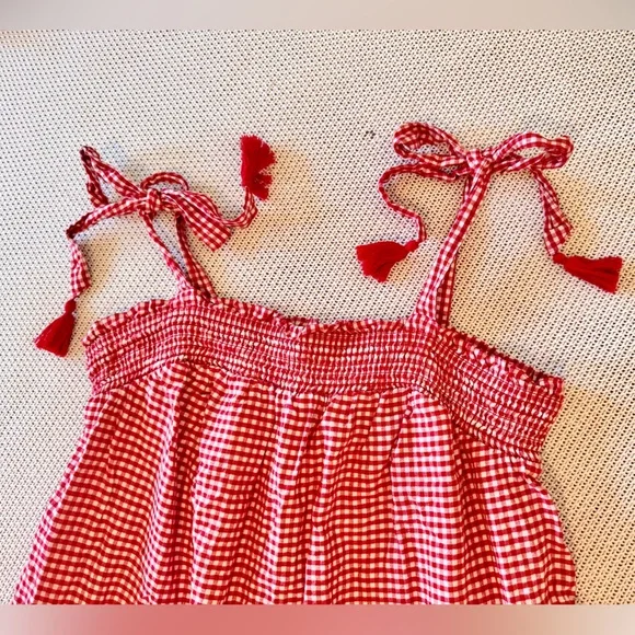 OLD NAVY Smocked Embroidered Tiered Red White Gingham Plaid Mini Dress w Pockets - Picture 7 of 14